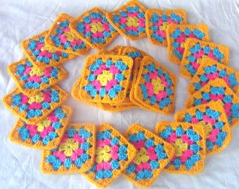 Crochet 25 Big Crocheted Granny Squares - Spring in the Caribbean - Gold Saffron Teal Pink Yellow Afghan Quilt Squares - Individual  Blocks