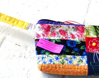 Wristlet Clutch Coin Hand Embroidered Yellow Red Blue Black Floral PINK ROSES Tulips Flower Zippered Lined Fabric Cosmetic Crazy Bag Cute