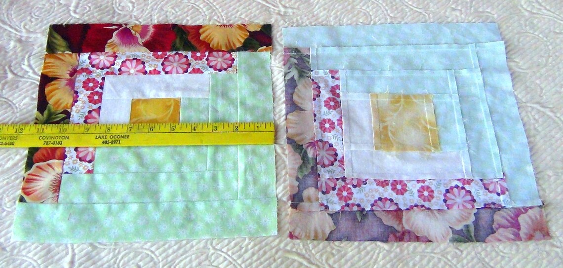 12 HUGE Already Pieced Unfinished Handmade Log Cabin Quilt Top Blocks Floral White Dandelions Mint Gold Dresden Plates Finished Quilting image 7
