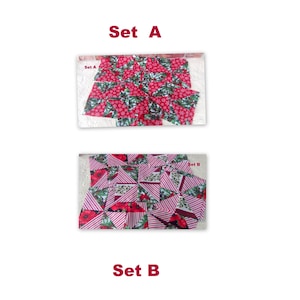 May include: Two sets of fabric squares with a Christmas theme. Set A has a red and green pattern with a white background. Set B has a red and white striped pattern with a green background.