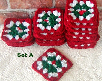 Crocheted Green Red White Granny Squares Christmas Xmas Afghan Quilt Blocks  Variegated Big NEW Mistletoe Yarn - Handmade USA- Options 35 +
