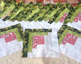 12[12] HUGE Big Already Pieced Large Handmade Log Cabin Quilt Top Blocks- [A Floral [B Leaves}- Traditional Unfinished Finished Quilting
