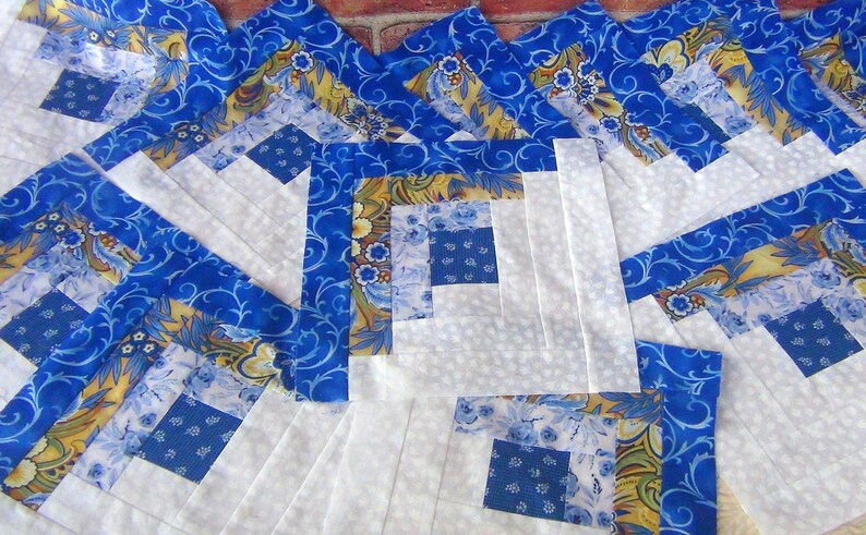 12 HUGE Already Pieced Handmade Log Cabin Quilt Top Blocks Blue Roses Gold Floral White Tulips Patchwork Flower Centers Finished Quilting image 2