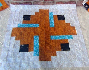 12 HUGE Big Already Pieced Large Handmade Log Cabin Quilt Top Blocks- Brown Floral Daisies Aqua- Golden Offwhite Flowers-Unfinished Quilting