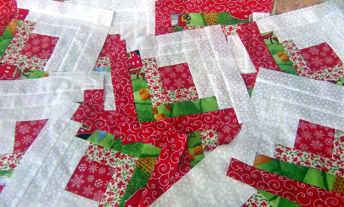 12 HUGE Already Pieced Handmade Log Cabin Quilt Top Blocks Stars Animals Xmas Patchwork Snowflakes Centers Traditional Finished Quilting image 1