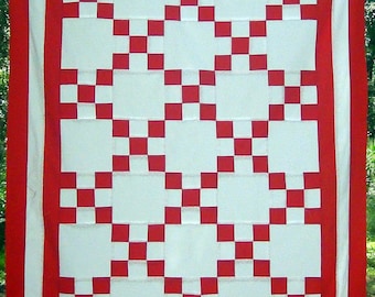 Quilting- Sewing Pieced Patchwork Single Irish Chain Top- Traditional Already Made- Red White Stars/Solids- 9 Nine Patch Wall Throw Lap A,B