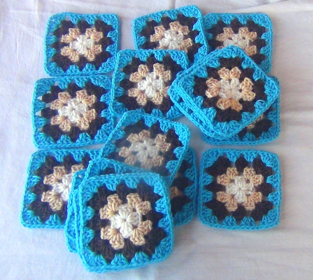20 Big Crocheted Granny Squares Afghan Yarn Quilt Blocks NEW - Aqua ...