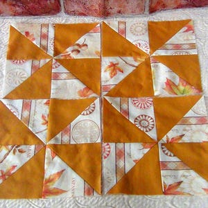Already Pieced HandMade NEW Pinwheels Quilt Top Blocks- B=18) Maple Leaf Fall Autumn GOLD Tonal White Fern-Finished Unfinished