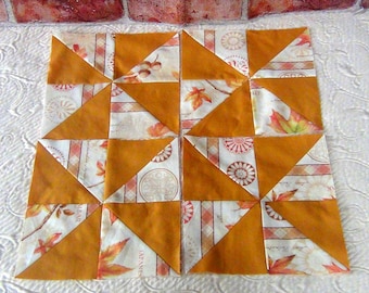 Already Pieced HandMade NEW Pinwheels Quilt Top Blocks- B=18) Maple Leaf Fall Autumn GOLD Tonal White Fern-Finished Unfinished