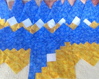 16 HUGE Big Already Pieced Handmade Log Cabin Quilt Top Blocks Large-Blue White GOLD Stars Butterflies Floral- Completed Patchwork- Quilting