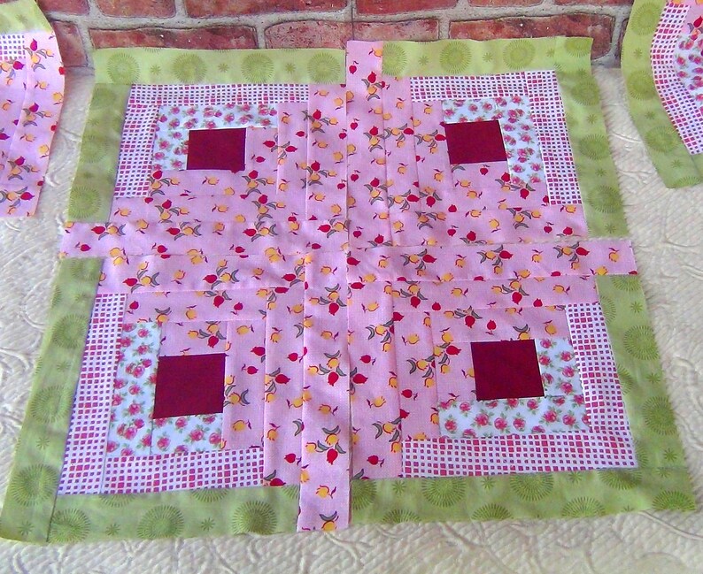 12 HUGE Already Pieced Handmade Log Cabin Quilt Top Blocks Pink Yellow Gold Tulips Cabbage Roses Traditional Red Center Finished Quilting image 2