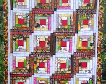 Quilting Sewing Unfinished Throw Log Cabin Quilt Top- Pieced Patchwork- Red Centers Cat Kitten Sunflower Hedgehog Coin- Traditional Finished
