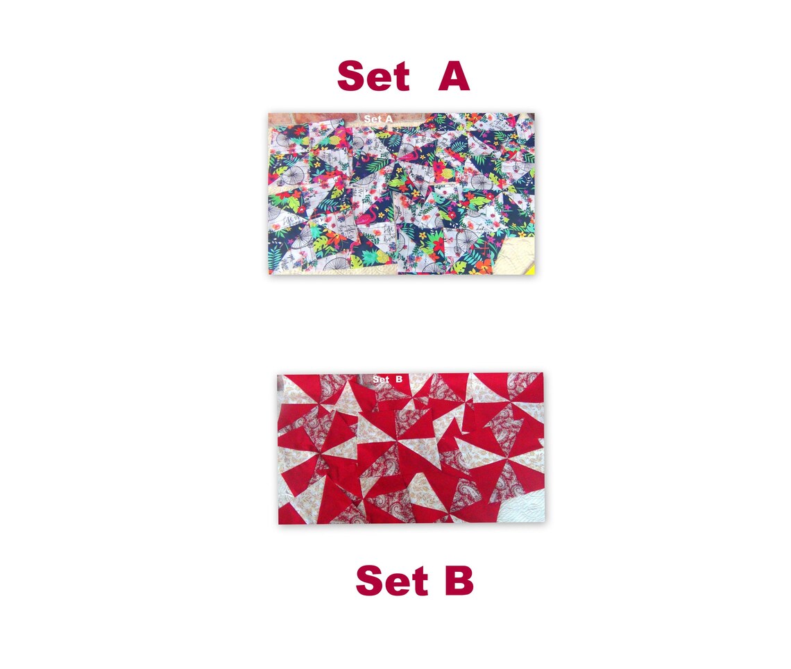 Already Pieced HandMade NEW Pinwheels Quilt Top Blocks A or B Lot of 16 ea. Pink Flamingos Antique Bikes Floral Red Paisley Gold Quilting image 1