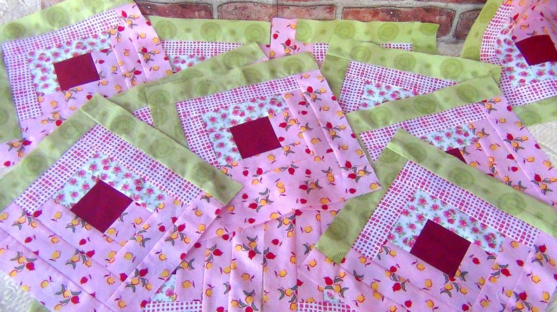 12 HUGE Already Pieced Handmade Log Cabin Quilt Top Blocks Pink Yellow Gold Tulips Cabbage Roses Traditional Red Center Finished Quilting image 1