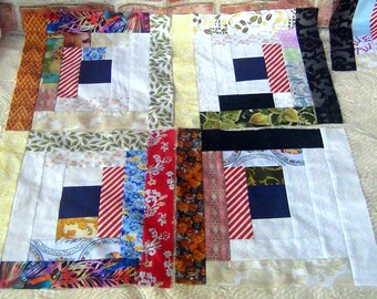 16 HUGE Big Already Pieced Handmade Log Cabin Quilt Top Blocks- GRANNY'S Depression ERA (A) Country Scrappy Patchwork- Old Fashion Quilting