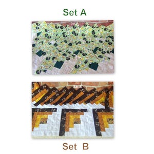 May include: Two sets of fabric quilt blocks labeled Set A and Set B. Set A features green and yellow floral patterns with dark green squares. Set B displays brown, yellow, and white log cabin style blocks with floral accents on the brown fabric.