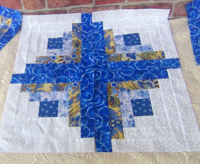 12 HUGE Already Pieced Handmade Log Cabin Quilt Top Blocks Blue Roses Gold Floral White Tulips Patchwork Flower Centers Finished Quilting image 4