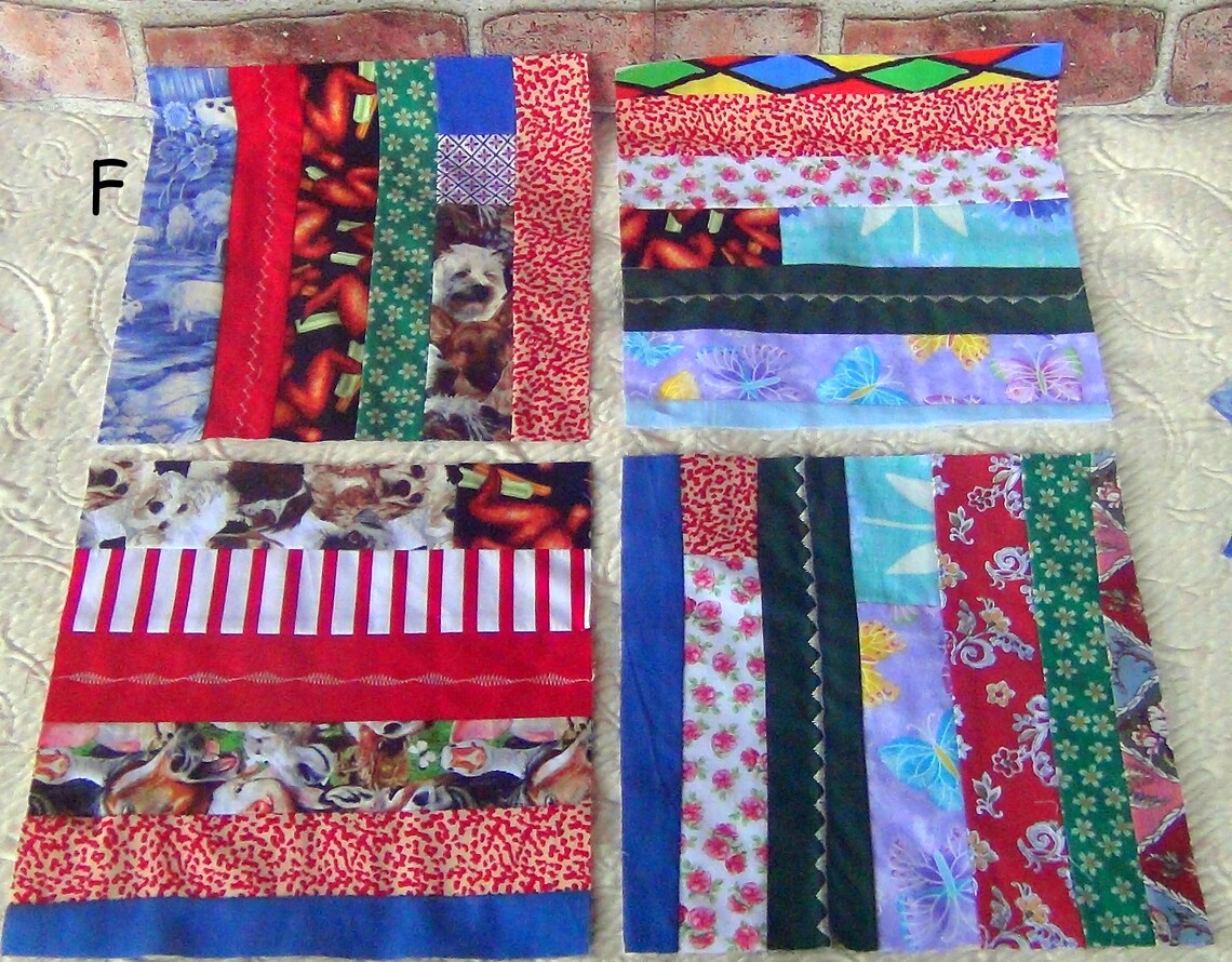 Scrap Crazy Country Quilt Blocks: Two Different Lots of 12 Embroidered LARGE Strip Pieced Projects Machine Embroidery Quilting Squares E F image 8