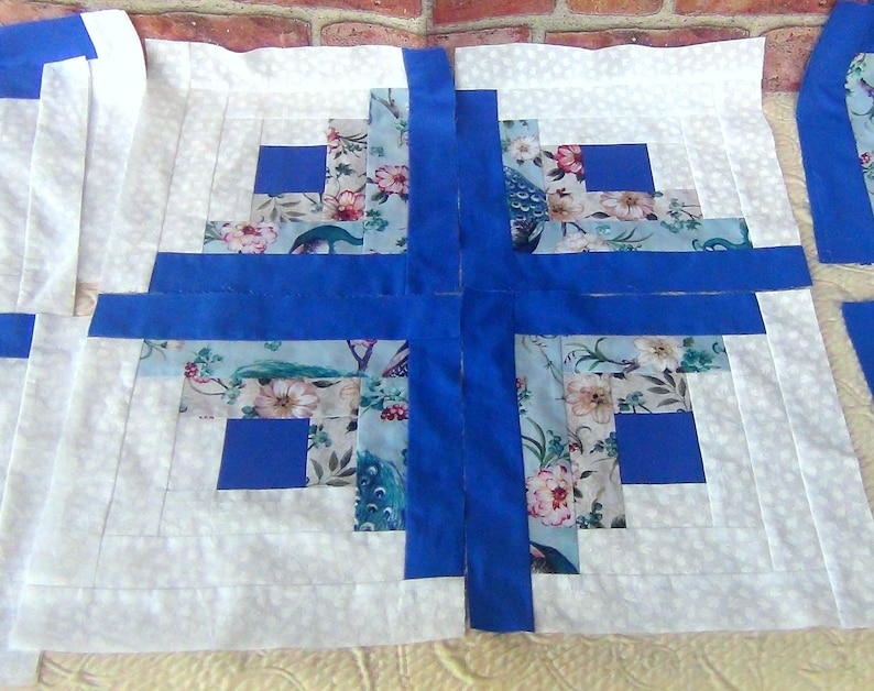 20 HUGE Already Pieced Handmade Log Cabin Quilt Top Blocks Peacocks White Tulips Patchwork Blue Centers Traditional Finished Quilting NEW image 2