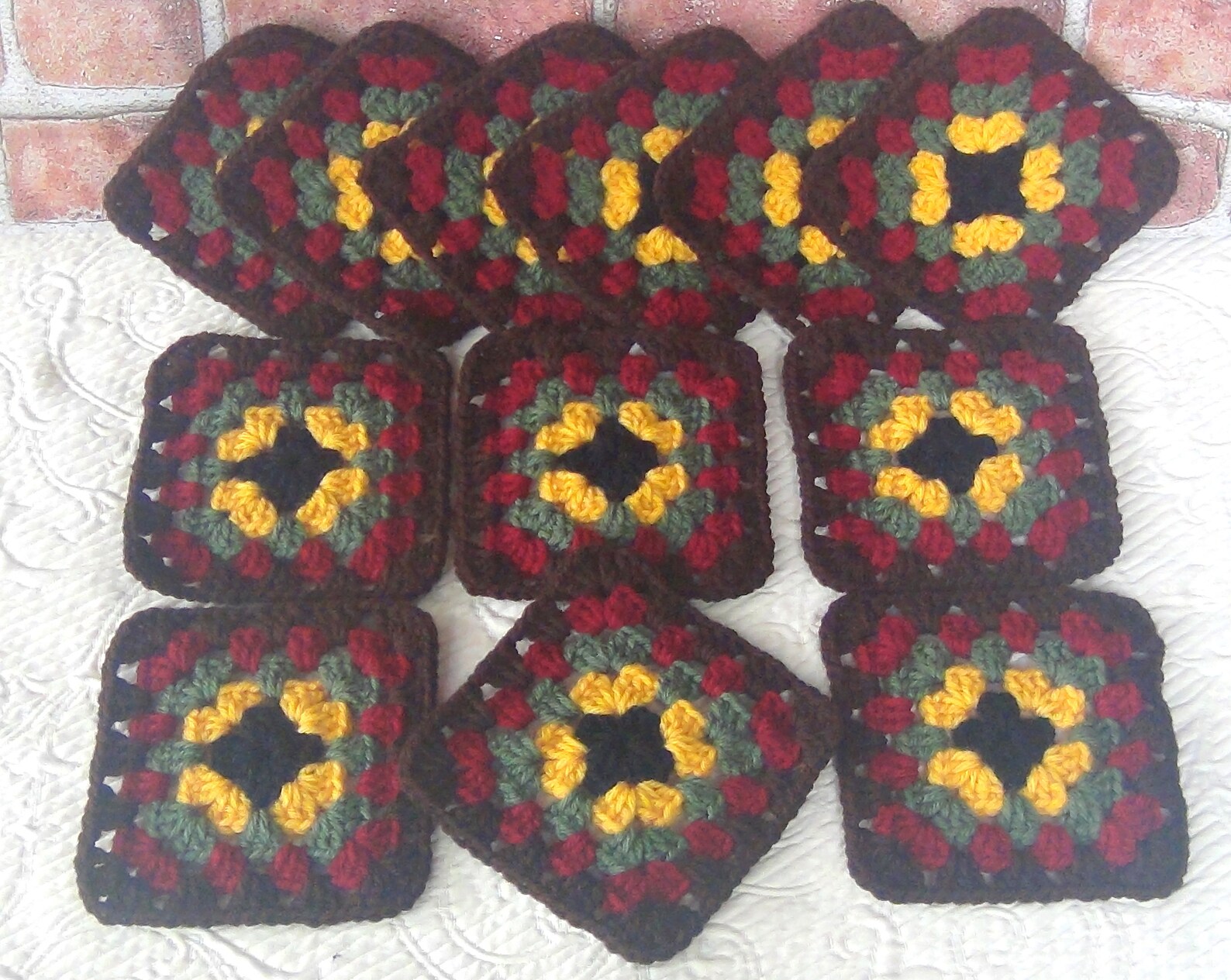 12 Crocheted Quilt Blocks Granny Squares Afghan - Turkey Red Black ...