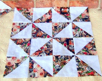 Already Pieced HandMade NEW Pinwheels Quilt Top Blocks 24- Animals Pig Mule Lamb Duck Geese Chicken Horse Rooville Fabric- Quilting Homemade