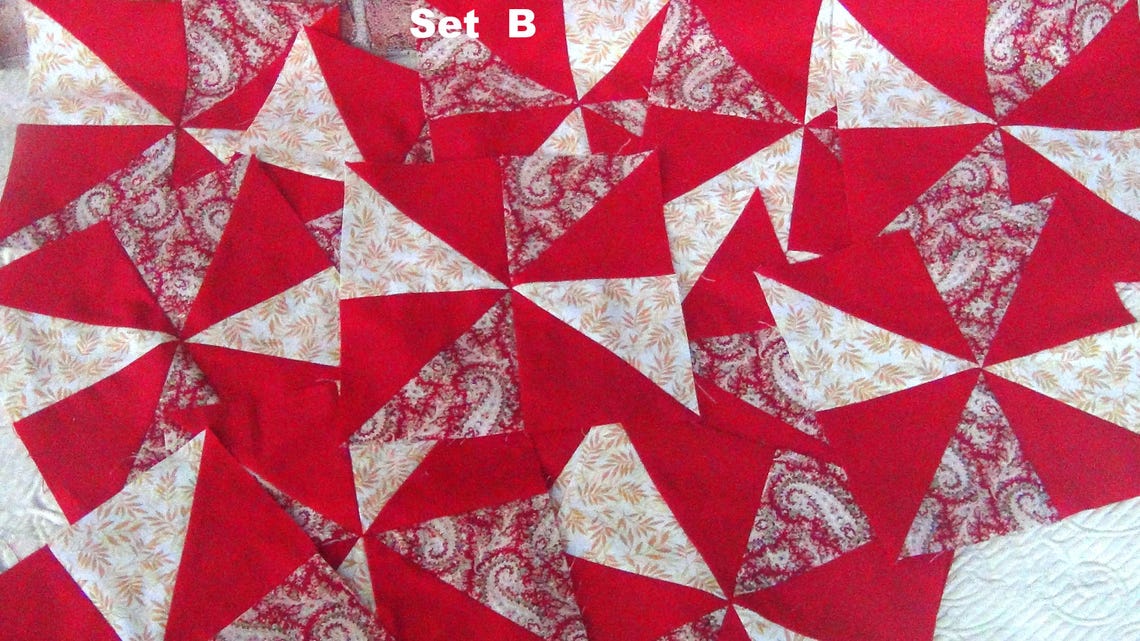 Already Pieced HandMade NEW Pinwheels Quilt Top Blocks A or B Lot of 16 ea. Pink Flamingos Antique Bikes Floral Red Paisley Gold Quilting (B)