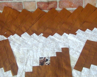 12 HUGE Big Already Pieced Large Handmade Log Cabin Quilt Top Blocks- Puppy Dogs in Autumn- Brown Cream White- Completed Finished Quilting