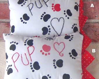 Pillows Set Puppy Dog Paws Throw Couch- Hand Embroidered Heart Gift Chair Dorm Stuffed - Red White Black Handwork Homemade Handmade USA NEW
