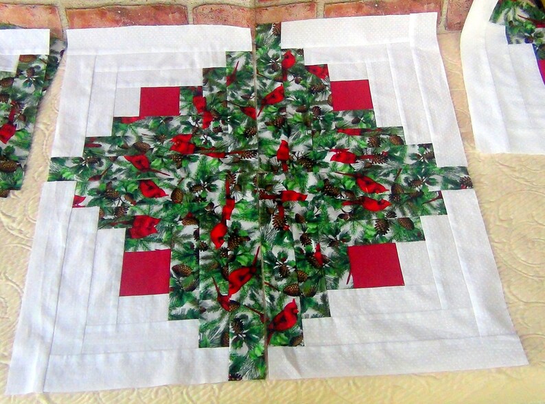 12 HUGE Already Pieced Handmade Log Cabin Quilt Top Blocks Red Bird Cardinal Xmas Snow Patchwork Red Centers Traditional Finished Quilting image 3