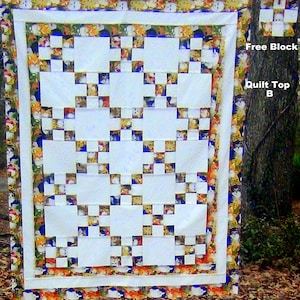 May include: A white quilt top with a checkerboard pattern of white squares and squares with a cat print. The quilt top is surrounded by a border of cat print fabric. The text "Free Block" and "Quilt Top B" is visible in the image.