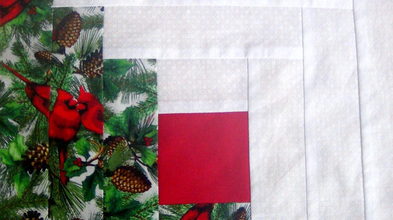 12 HUGE Already Pieced Handmade Log Cabin Quilt Top Blocks Red Bird Cardinal Xmas Snow Patchwork Red Centers Traditional Finished Quilting image 7