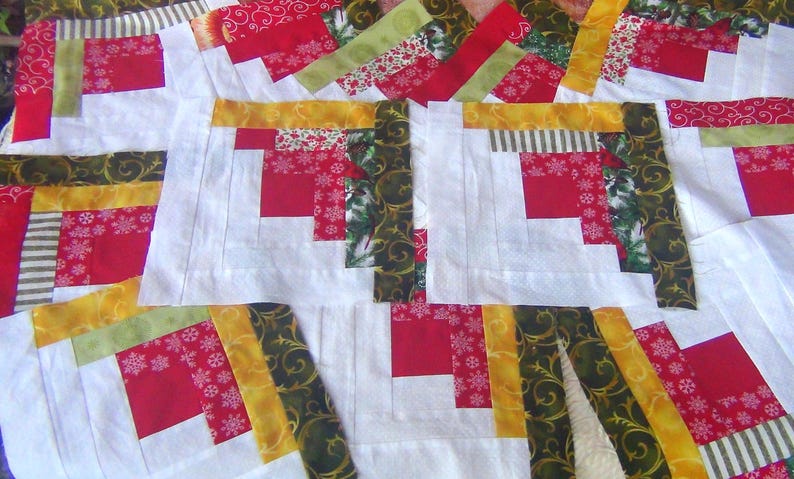 Christmas Holiday Jamboree 12 HUGE Already Pieced Handmade Log Cabin Quilt Blocks Xmas Redbird Cardinal Green Red White Snowflake Finished image 2