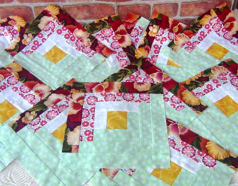 12 HUGE Already Pieced Unfinished Handmade Log Cabin Quilt Top Blocks Floral White Dandelions Mint Gold Dresden Plates Finished Quilting image 2