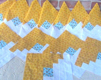 12 HUGE Big Already Pieced Large Handmade Log Cabin Quilt Blocks- Bees in Blue Sky- Yellow Gold Black Circle Floral Flower-Finished Quilting