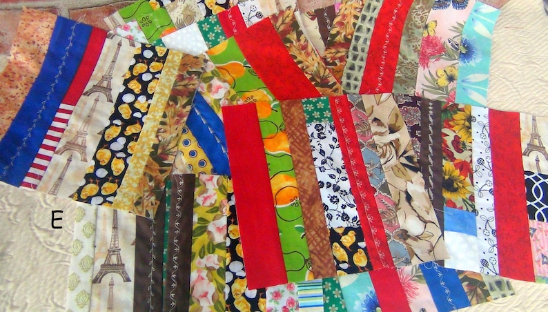 Scrap Crazy Country Quilt Blocks: Two Different Lots of 12 Embroidered LARGE Strip Pieced Projects Machine Embroidery Quilting Squares E F Lot E