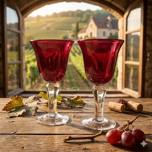 May include: Two wine glasses with deep red bowls and clear glass stems and bases. The glasses feature a wide, flared rim and a rounded bowl shape. They are positioned on a wooden surface alongside a small cluster of red grapes and corks.