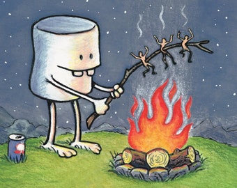 Art Print – Happy Camper Marshmallow Roasting People Cartoon Painting