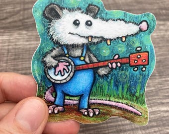 Bluegrass Banjo Possum 3" Vinyl Decal Sticker - Hillbilly Country Music Opossum