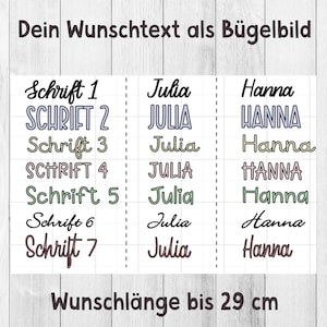 Könnte beinhalten: Ein personalisierter Bügelbild-Transferbogen mit sieben verschiedenen Schriftarten, beschriftet von Schrift 1 bis 7. Die Tabelle zeigt die Namen Julia und Hanna in jedem Schriftstil. Der Text oben lautet Dein Wunschtext als Bügelbild und unten Wunschlänge bis 29 cm.