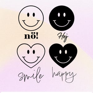 Könnte beinhalten: Digitaler Download mit vier Smiley-Designs. Enthält ein weißes Smiley, ein schwarzes Smiley, ein weißes herzförmiges Smiley und ein schwarzes herzförmiges Smiley. Der Text enthält "nö!", "Hej", "smile" und "happy".