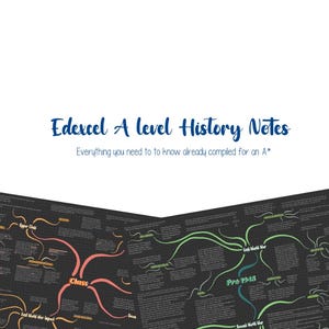 Op de afbeelding: Een zwart-witte mindmap met gekleurde takken. De mindmap is getiteld "Edexcel A level History Notes" en bevat de tekst "Everything you need to know already compiled for an A*" en de woorden "Class" en "Pro 1943".