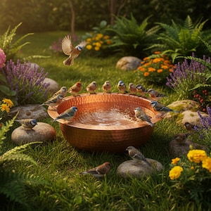 Puede incluir: Un baño para pájaros de cobre martillado de forma redonda lleno de agua, rodeado de numerosos pájaros pequeños con plumaje marrón, blanco y azul. Algunos pájaros están posados en el borde del cuenco, mientras otros descansan sobre piedras.