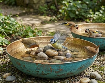 Baño para pájaros de cobre macizo hecho a mano - Acabado en cobre verde, Baño para pájaros de jardín de cobre