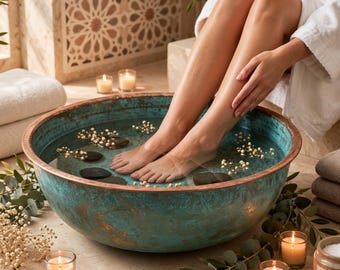 Hammered Copper Spa Bowl - Oxidized Pedicure Foot Bath Basin - Verdigris Foot Soak Basin - Green Patina Copper