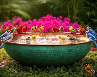 Handgemaakt koperen vogelbad – groene patina rustieke metalen tuinwaterbak