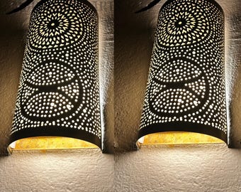 2er Set Marokkanische Messing Wandleuchte, handgefertigte geometrische Lampe