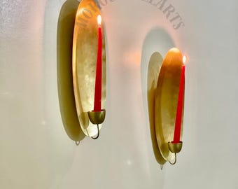 Set of 2: Moroccan Brass Oval Wall Sconce Candle Holders - Gold Leaf Design