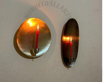 Moroccan Brass Candle Sconce: Oval and Round candle holder,Handmade Gold Leaf Wall Decor