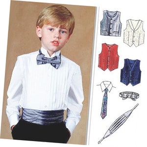 May include: A young person in a white dress shirt with a pleated front, a gray bow tie, and a matching cummerbund. The image also shows illustrations of vests, ties, and a bow tie.