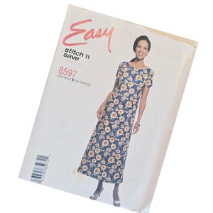 May include: A sewing pattern for a floral print dress. The pattern cover features a woman wearing the dress. The dress is blue with yellow and white flowers. The pattern is labeled "Easy stitch 'n save" and includes the size range.
